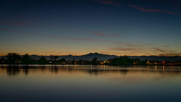 sunset over Rocky Mountains with Longs Peak and Windsor Lake in Colorado